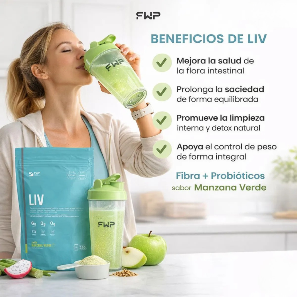 LIV FWP - Fibra + Probióticos, Manzana Verde 280g - Saciedad y Salud Digestiva