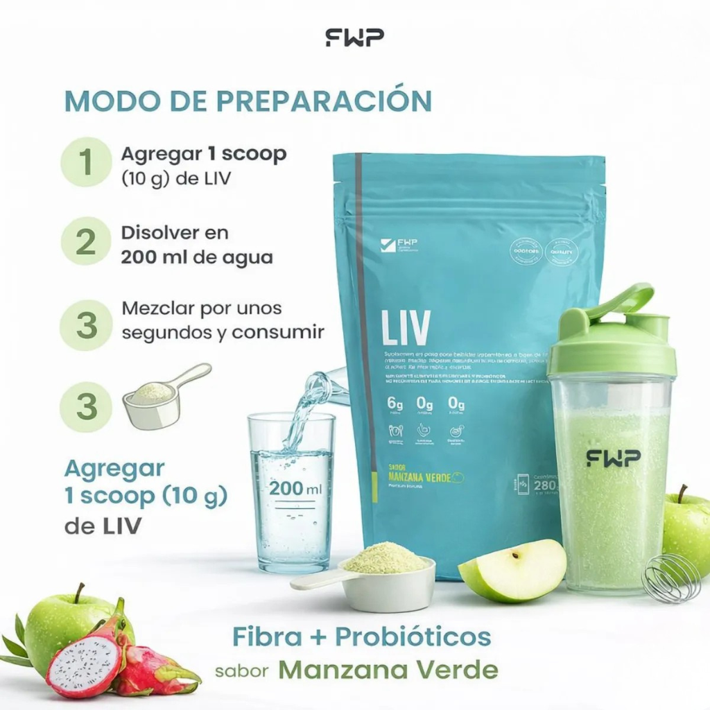 LIV FWP - Fibra + Probióticos, Manzana Verde 280g - Saciedad y Salud Digestiva